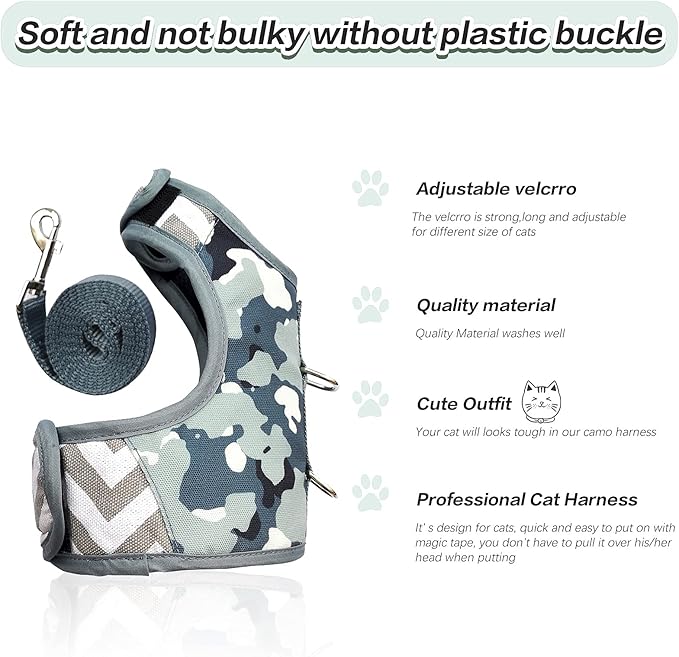 Cat Harness and Leash for Walking Escape Proof, Adjustable Cat Vest Harness, Padded Stylish Cat Walking Jackets, Grey Camo, Small