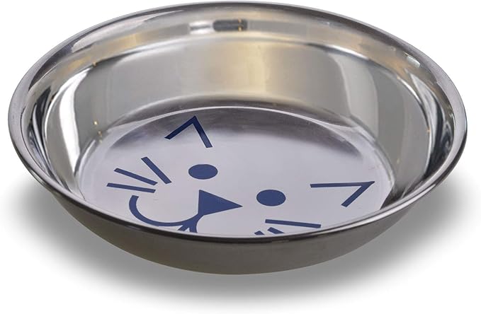 Van Ness Pets Whisker-Friendly Stainless Steel Cat Bowl, Wide Saucer Style Dish, 8 OZ, Natural