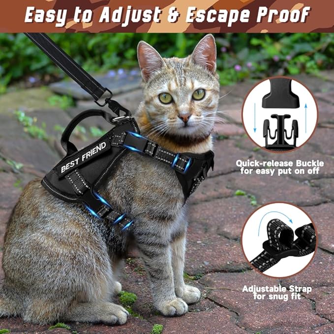 Tactical Cat Harness and Leash, Air Mesh Cat Walking Vest Harness Escape Proof, Reflective Large Cat Harnesses with Handle for Adult Fat Cats (ABlack, L)