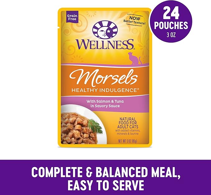 Wellness Healthy Indulgence Morsels Grain-Free Wet Cat Food, Made with Natural Ingredients and Quality Proteins, Complete and Balanced Meal, 3 oz Pouches (Salmon & Tuna in Savory Sauce, 24 Pack)
