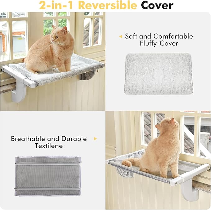 Window Sill Mount Cat Perch for Indoor Cats, One-Step Sliding Clamping Slot Adjustment Cat Hammock with Removable Two Fabrics Cover, No Suction Cups Cat Bed for Windowsill & Bedside (Large)