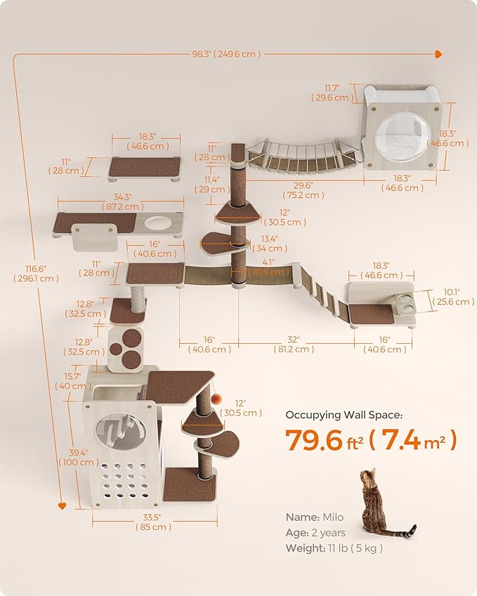 Feandrea Clickat Planet - Cat Wall Furniture, Set of 10, Cat Tree, Scratching Post, Shelves, Hammock, Bridge, Feeder, Extremely Quick Assembly, Unlimited Expandability, Replaceable Module and Parts