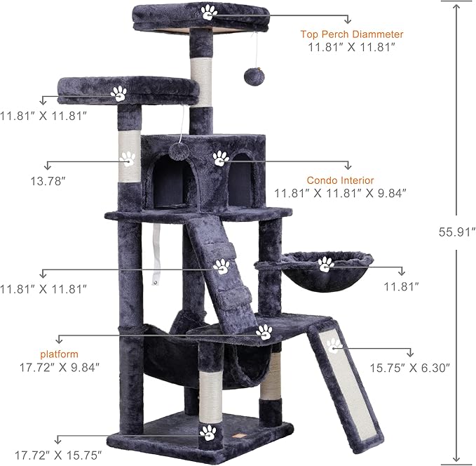 Heybly Cat Tree, Cat Tower for Indoor Cats,Multi-Level Cat Furniture Condo for Cats with Padded Plush Perch, Cozy Basket and Scratching Board Smoky Gray HCT014G