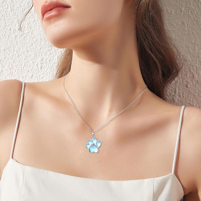 Paw Print Necklace 925 Sterling Silver with Genuine Turquoise/Larimar Dog Cat Kitten Puppy Footprint Pendant Animal Jewelry Gifts for Women Pet Lover
