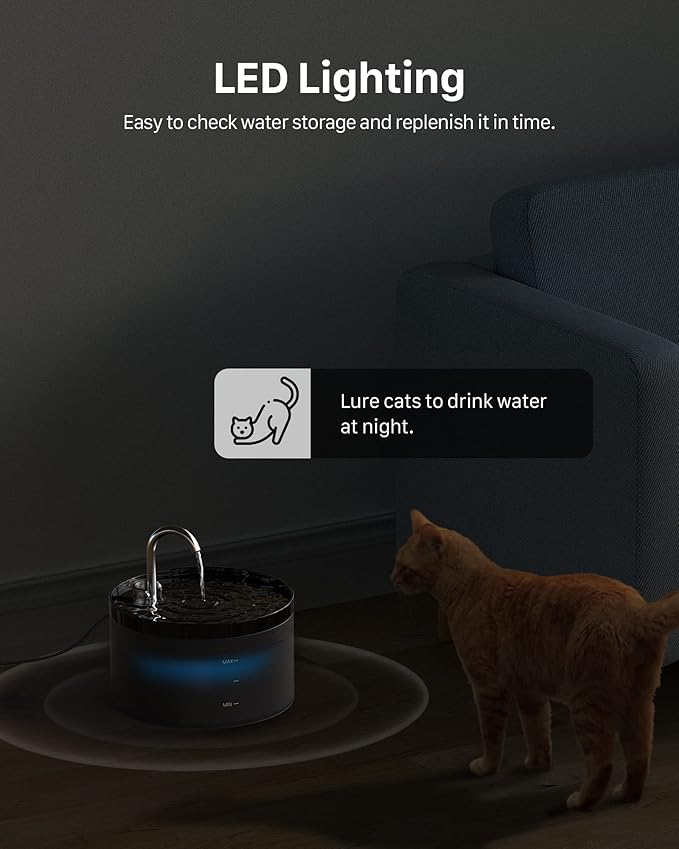 Cat Water Fountain for Cats Indoor: 67oz/2L GIOTOHUN Cat Fountains - Silent Pet Water Fountain for Drinking - Black Cat Drinking Fountain with Light - Faucet Pet Fountain with 6 Filters + 3 Sponges