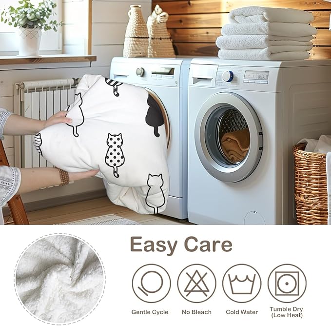 Sleepwish Black White Cat Sherpa Blanket Polka Dot Star Paw Prints Fleece Throw Blanket for Kids Girls Napping Blanket for Cat Lovers, King(108"x90")