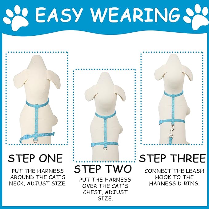 2 Pack Reflective Cat Harness and Leash Breakaway Cat Collars with Bells Escape Proof Cat Kitten Harness Adjustable for Small Medium Cats, Blue