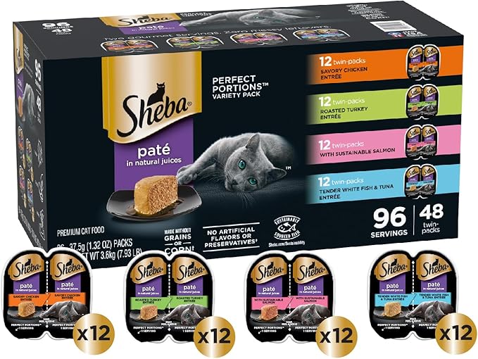 Sheba Perfect Portions Paté Wet Cat Food Variety Pack, Savory Chicken Entrée, Roasted Turkey Entrée, With Sustainable Salmon, and Tender White Fish & Tuna Entrée, 2.6 oz. Trays (48 Count, 96 Servings)