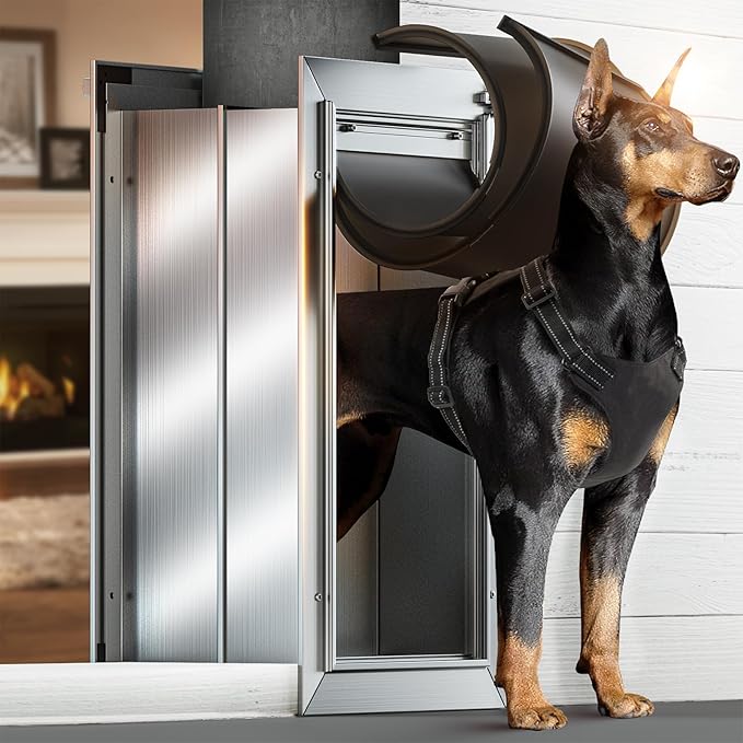 Dog Door for Wall, Doggy Door Large, Heavy Duty Pet Door, All Aluminum Alloy Frame, Double Magnetic Flaps, Energy Efficient, Wide Telescoping Tunnel for Wall, Sliding Lock Panel (Pets Up to 110 Lb)