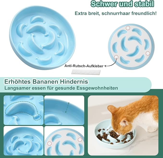 Ceramic Cat Slow Feeder Bowl - Pastel Series Slow Feeding Cat Bowl - Cute Maze Cat Food Plate for Healthy Eating - Fun Cat Puzzle Feeder Dish - Dishwasher Safe - 6.3''W x 1.2''H - 7 OZ - Pale Blue