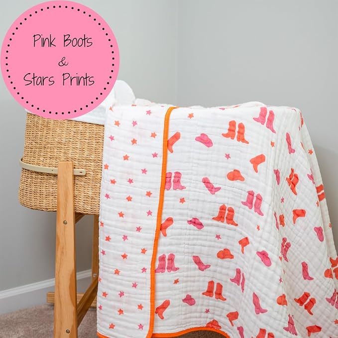 LollyBanks Muslin Baby Blanket 100% Cotton, Muslin Quilt Lightweight, Western Girl Muslin Blanket, 6 Layers Baby Blankets 47"x 47", Soft Nursery Receiving Blankets Baby Essentials (Pink Boot)