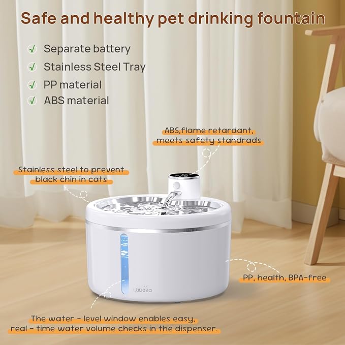 Wireless Cat Water Fountain with Stainless Steel Tray, Battery Operated Cat Fountain - 102oz/3L Automatic Pet Water Dispenser, Easy Clean with Motion Sensor for Cats, Dogs