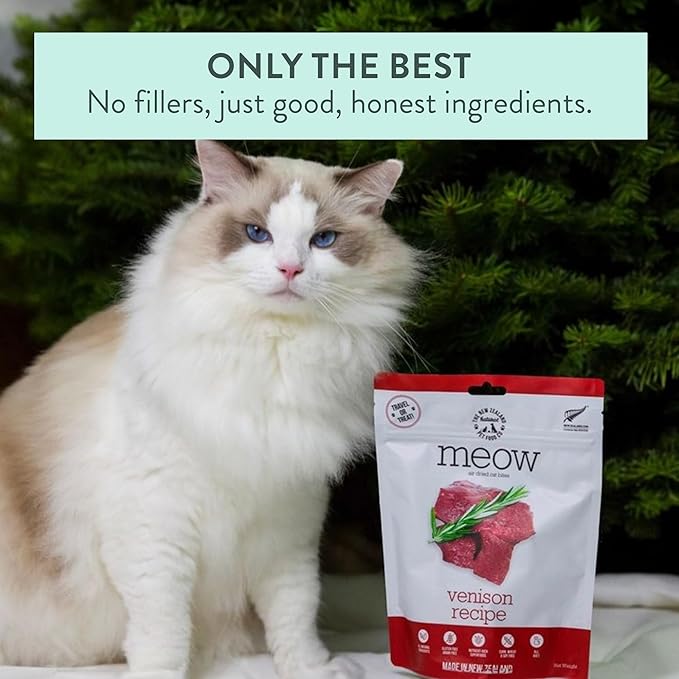 Meow Air Dried Cat Food - Venison Recipe, High Protein Dry Cat Food, Use as a Complete Diet, Topper, Mixer, or as Cat Training Treats, All Life Stages,3.5 oz