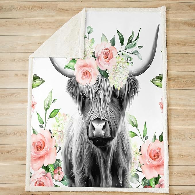 Highland Cow Fleece Throw Blanket Girls Women Rose Floral Bull Cattle Sherpa Blanket for Bed Couch Sofa Western Wildlife Animal Decor Plush Blanket Soft Farmhouse Fuzzy BlanketKing 87"x95"