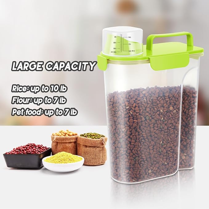 10 LBS Pet Storage Container Portable with Upgraded Large Spout and Cup,Plastic Dog Cat Food Dispenser for Small Animal Kibble, Bird Seed,Oatmeal,Rice,flour,brown sugart-2 Pack Sunshine Green