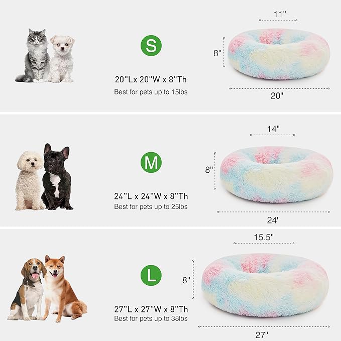 Love's cabin 24in Cat Beds for Indoor Cats - Cat Bed with Machine Washable, Waterproof Bottom - Fluffy Dog and Cat Calming Cushion Bed for Joint-Relief and Sleep Improvement, Rainbow