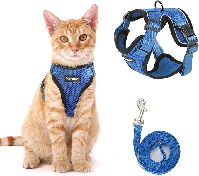 Dooradar Cat Harness and Leash Set, Escape Proof Safe Adjustable Kitten Vest Harnesses for Walking, Easy Control Soft Breathable Mesh Jacket with Reflective Strips for Cats, Blue, XXS