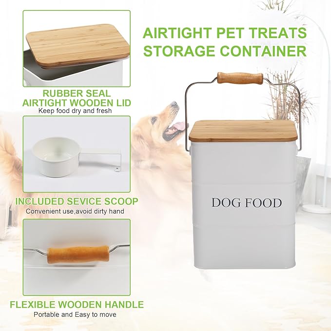 Dog Food storage container Dog Treats Jar, Metal food treats tin for Dog, pet snacks Canisters with wooden lid/handle/sevice scoop,hold 5-6 lbs