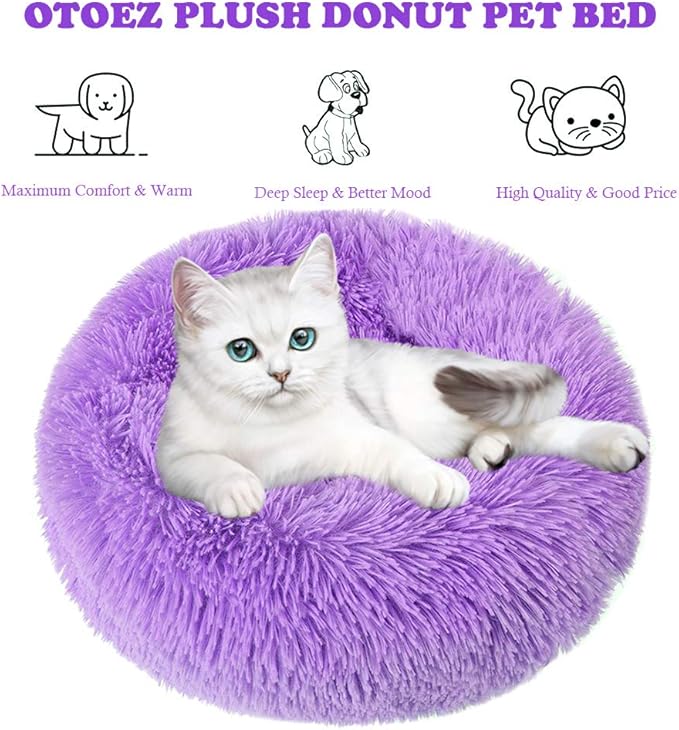 otoez Round Donut Dog Bed for Small Dogs, Washable Calming Dog Bed Cuddler Anti Anxiety Fluffy Dog Cat Bed with Non-Slip Waterproof Bottom (23.6", Purple)