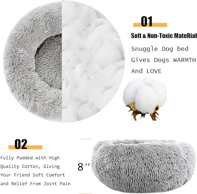 Dog Bed Calming Dog Beds for Small Medium Large Dogs - Round Donut Washable Dog Bed, Anti-Slip Faux Fur Fluffy Donut Cuddler Anxiety Cat Bed(36'' Light Grey)