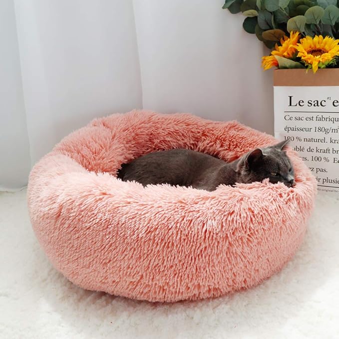 otoez Round Donut Dog Bed for Medium Dogs, Washable Calming Dog Bed Cuddler Anti Anxiety Fluffy Dog Cat Bed with Non-Slip Waterproof Bottom (27.6", Pink)