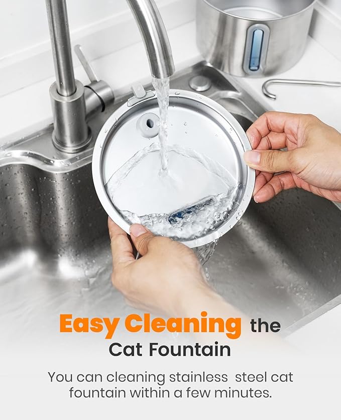 oneisall Stainless Steel Cat Water Fountain, 2L Water Fountains for Cats Indoor with Quiet Pump and 3 Replacement Filters, Pet Water Fountain Faucet Spout Design Cat Fountain Drinking Inside, PWF 001