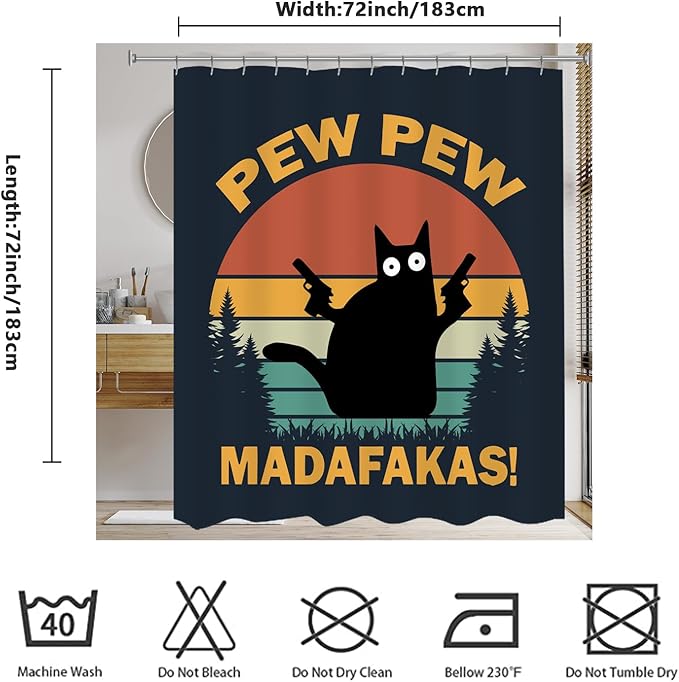 Funny Cat Shower Curtains, Pew Pew Madafakas Shower Curtain, Crazy Cat with Guns 72 x 72 Inch Waterproof Shower Curtains with Metal Hooks for Bathroom Decor