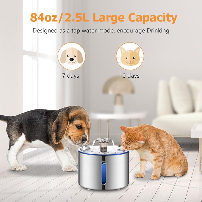 Cat Fountain, 84oz/2.5L Stainless Steel Pet Water Fountain, Automatic Dog Water Dispenser, Water Level Window, Ultra-Quiet Pump, Perfect for Cats, Dogs and Multiple Pets, 4 Filters