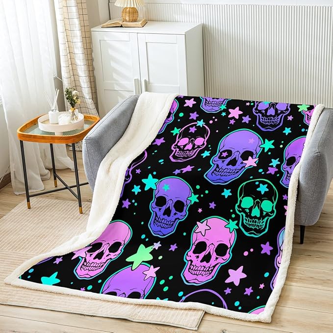 Sugar Skull Fleece Blanket Halloween Travel Throw for Couch - Trippy Galaxy Baby Size Purple Pink Death Skull - Psychedelic Stars Sherpa Hippie Room Decor for Kids Teens