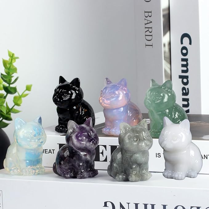 1.6 Inch Crystal Cat Statues, Plum Blossom Tourmaline Crystal Cat Figurines, Healing Crystal Kitty Figurine Decor, Cute Lucky Cat Statues for Gifts, Handcrafted Crystal Figurines for Home Ornaments