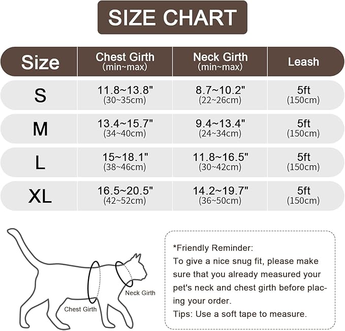 Cat Harness and Leash Set, Upgraded Escape Proof Adjustable Vest with Lead for Kitten Puppy Outdoor Walking, Soft Breathable Mesh Jacket with Reflective Strips for Dark Night (M, Coffee Brown)