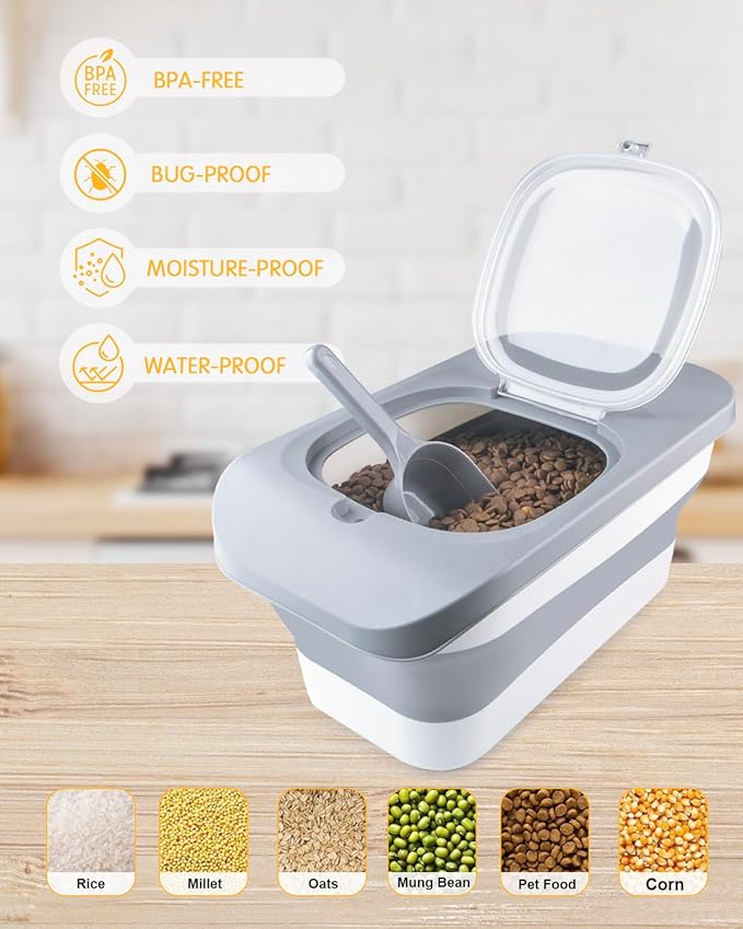 10-13 Lbs Cat Food Container,Collapsible Cat Food Storage with Airtight Lid,Silicone Pet Bowl and Cat Food Scoop,Pet Food Storage containers Dry Food for Pets, Rice (Grey 13lbs 02)
