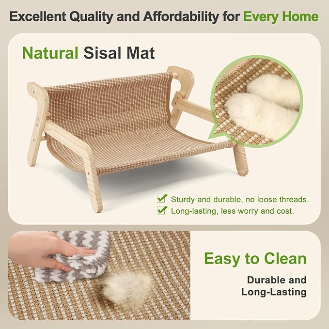 Sisal Cat Bed, Large Cat Beds for Indoor Cats, Easy Clean Sisal Scratcher and Sturdy Natural Wood Cat Couch&hammock Comfy Rustic Cat Furniture for Living Room Bedroom, All Age Up to 50Lbs(21" x 18")
