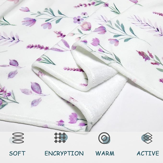 Purple Lavender Floral Throw Blanket Flower Botanical Throw Blankets Ultra Soft Cozy Flannel Throw Blanket Lightweight Fleece Fuzzy Plush Throw Blankets for Bed Chair Couch 60" X 80"