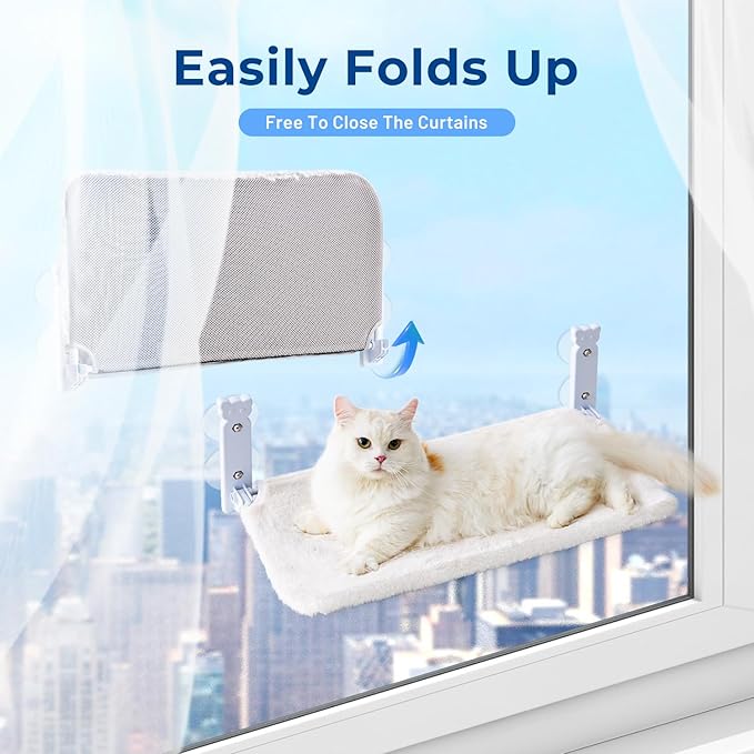 Cat Window Perch for Cats Inside, Foldable Cat Window Hammock for Large Cats Indoor with 4 Suction Cups, Sturdy Metal Frame, Large, White
