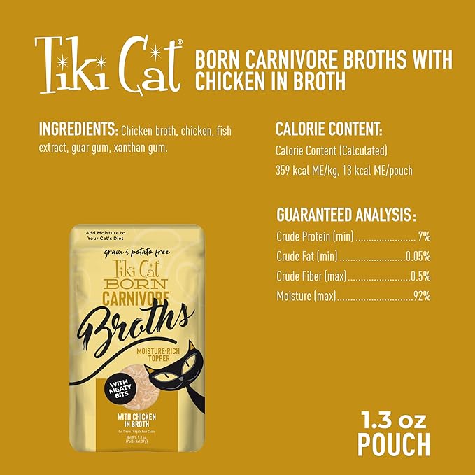 Tiki Cat Born Carnivore Broths, Chicken Recipe, Hydration and Flavor Supplement Cat Food Topper, 1.3 oz. Pouch (Pack of 12)