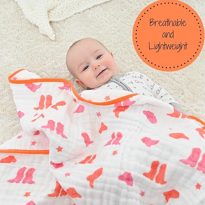 LollyBanks Muslin Baby Blanket 100% Cotton, Muslin Quilt Lightweight, Western Girl Muslin Blanket, 6 Layers Baby Blankets 47"x 47", Soft Nursery Receiving Blankets Baby Essentials (Pink Boot)