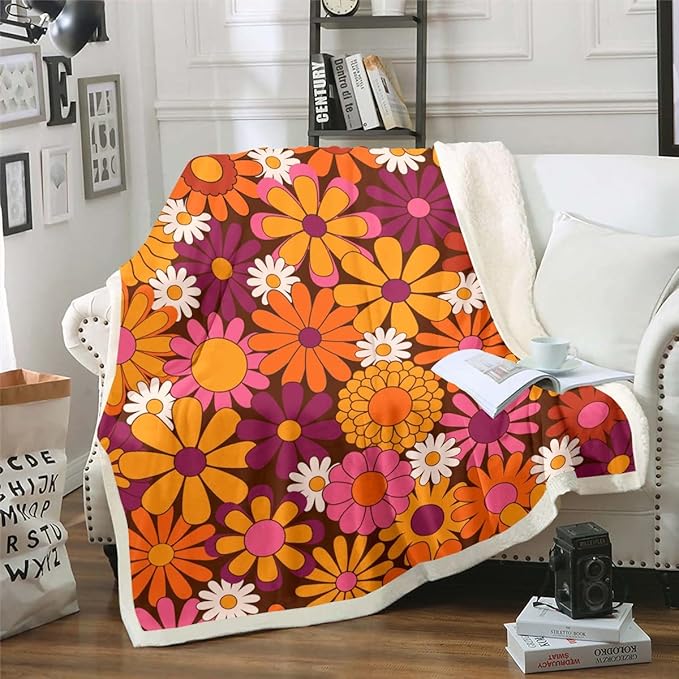 Erosebridal Groovy Floral Fleece Blanket for Girls - Retro Flower Sherpa Chic Daisy Queen Size Throw Blanket for Sofa & 70s Party Decorations