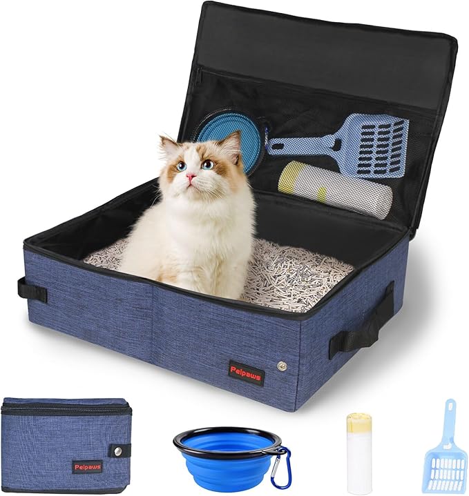 Portable Litter Box for Cats for Travel with Zipper Leak-Proof Lid, Double Carry Handles, Collapsible Litter Box for Cats, Waterproof. Includes Bonus Water Bowl+Scooper+Poop Bags (Blue,M)