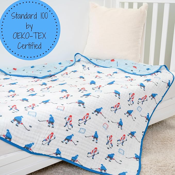 LollyBanks Muslin Baby Blanket 100% Cotton, Muslin Quilt Lightweight, 6 Layers Baby Blankets 47"x 47", Muslin Blanket for Boys, Nursery Receiving Blankets Baby Essentials, Registry (Ice Hockey Print)