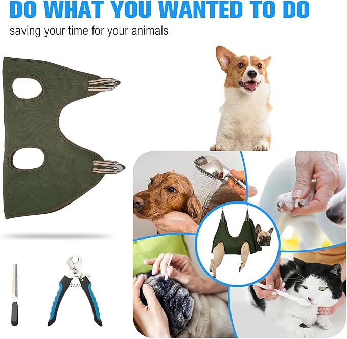 10 in 1 Pet Grooming Hammock Harness with Nail Clippers/Trimmer, Nail File, Comb,Dog Nail Hammock, Dog Grooming Sling for Nail Trimming/Clipping (M/Under 45lb, Khaki Green)