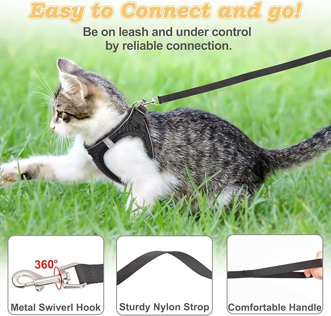 Cat Harness and Leash for Walking Escape Proof, Adjustable Kitten Vest Harness Reflective Soft Mesh Puppy Harness for Outdoor, Comfort Fit, Easy to Control (Black, M)