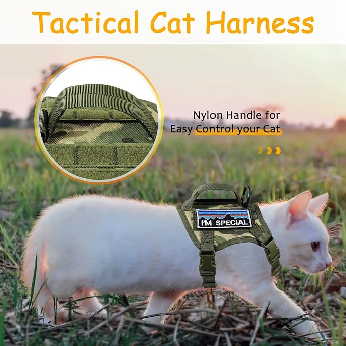 Tactical Cat Harness for Walking, Adjustable Escape Proof Pet Vest for Large Cat,Easy Control Breathable Cat Vest with Handle,Molle Patches (Camo Green, L)