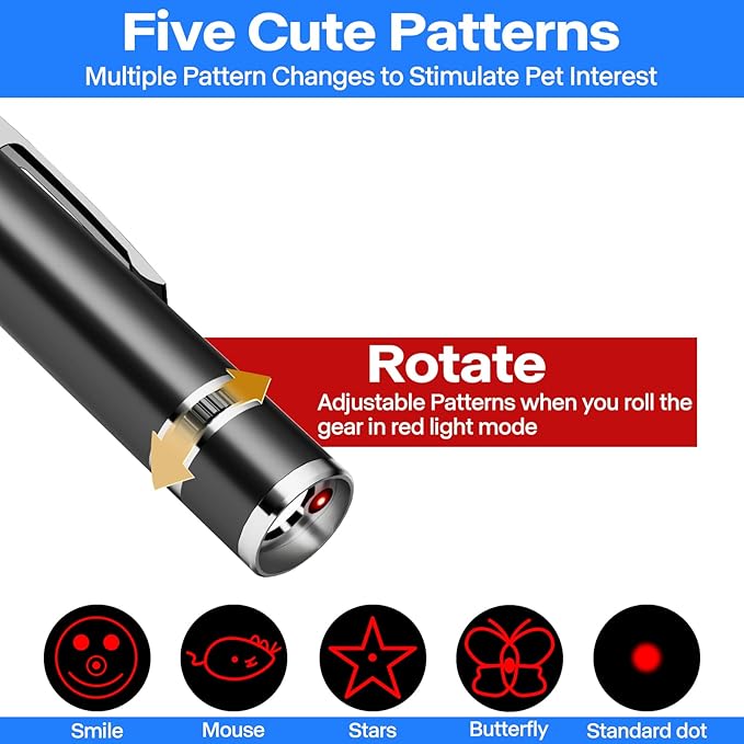 Cat Toys, Cat Toy Red Pointer for Indoor, Rechargeable, 5 Adjustable Patterns, 3 Modes Training Chaser Pet Toy Pointer, Interactive Pet Cat/Dog Toy for Cats Fun Playing Exercise(Black)