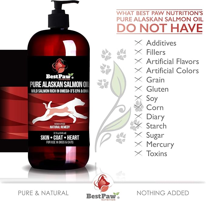 Pure Wild Alaskan Salmon Oil for Dogs & Cats Skin and Coat - Fish Oil Liquid with Pump - Supports Joint Function, Immune & Heart Health - Omega 3 Liquid Food Supplement - All Natural EPA + DHA - 32oz