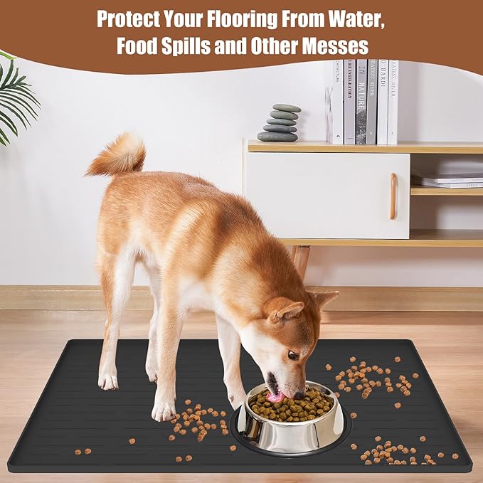 Dog Food Mat, Silicone Dog and Cat Mat for Food and Water Bowls, Waterproof Raised Edge Pet Feeding Mat for Contain Spills Protects Floors, Multiple Colors & Sizes for Pets (16"x10", Light Gray)