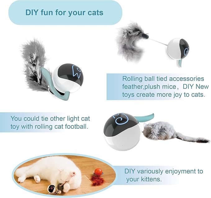 Migipaws Interactive Cat Ball Toy Set, Fun Tracker, Automatic Rolling Chase Ball with Fluffy Tail, A Small Mice, Rechargeable(White)