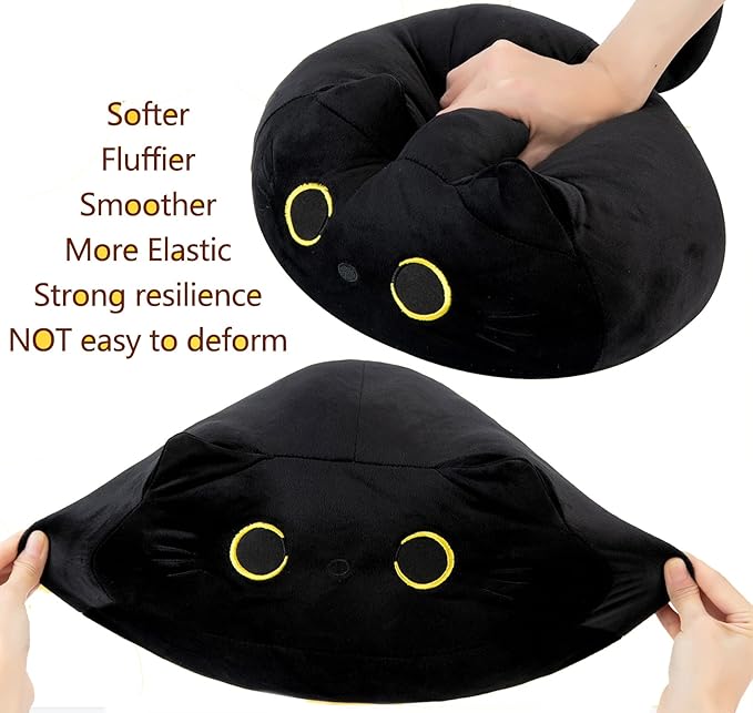 15.7" 3D Black Cat Plush Toy Pillow, Soft Kawaii Kitten Stuffed Animal Cushion