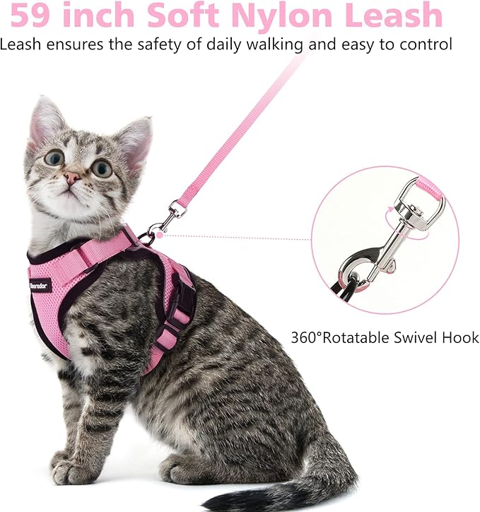 Dooradar Cat Harness and Leash Set, Escape Proof Safe Adjustable Kitten Vest Harnesses for Walking, Easy Control Soft Breathable Mesh Jacket with Reflective Strips for Cats, Pink, XS