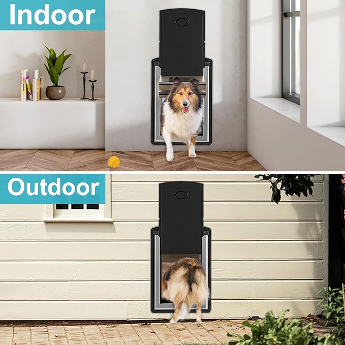 ClawJaw Doggy Door for Wall, Metal Frame and Telescopic Tunnel Pet Door, Double-Sided Wind Deflector and Magnetic Flaps, Easy to Install, Black (Pets Up to 50 Lb)-Medium